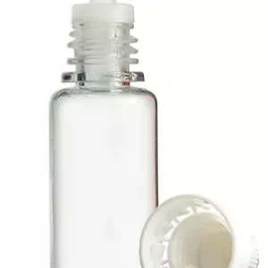 a clear glass bottle with a lid and a white cap