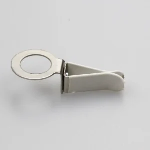 a white metal clip with a ring on it